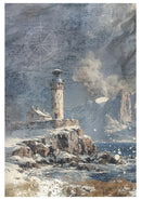 Lighthouse on a rocky island with a mountainous background