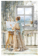 Woman painting by a window with a view of water