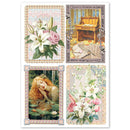 Set of four vintage-style cards featuring floral and classical design elements.