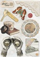 Collage of vintage items including a key, butterfly, map, binoculars, and train on a decorative background.