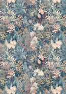 Patterned wallpaper with a mix of green, pink, and brown leaves and flowers.