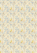 Patterned wallpaper with birds and flowers on a beige background