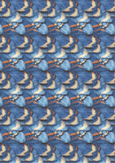 Patterned fabric with blue, orange, and beige design on a blue background