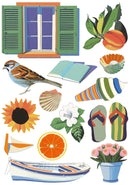 Set of summer-themed illustrations including a window, bird, flowers, and fruits on a white background.