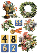 Decorative elements including flowers, a wreath, and numbers on a white background
