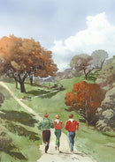 Three people walking along a path in a park with trees and benches.