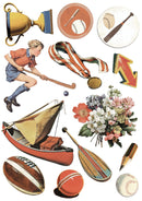 Collection of vintage-style sports and leisure items including a trophy, baseball, canoe, and flowers.