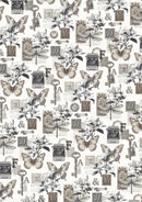 Pattern with butterflies, keys, and letters on a white background