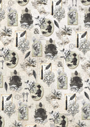 Patterned wallpaper with black and white illustrations of people and decorative elements on a light background.
