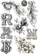 Decorative black and white letters and floral designs on a white background