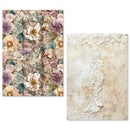 Two decorative paper designs side by side; one with floral pattern and the other with textured beige design.