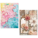 Two decorative paper sheets with floral and abstract designs on a white background.