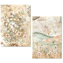 Two artistic prints featuring floral and clock designs on a textured background.