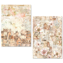 Two sheets of decorative paper with floral and cityscape designs on a white background.