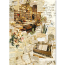 Collage of a music store with books, sheet music, and flowers.
