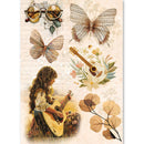 Illustration of a woman playing guitar with butterflies, sunglasses, and flowers on a textured background.