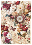 Vintage-style clock surrounded by colorful flowers and butterflies on a textured background