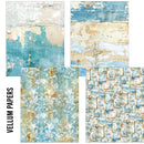 Collection of textured paper sheets with abstract designs and 'Vellum Papers' branding.