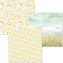 Two sheets of paper with floral patterns and a landscape design.