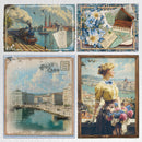 Four vintage-style postcard designs featuring scenic views and a woman with flowers.