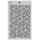 Stenciling sheet with black spiral pattern on a gray background, featuring the brand 'CB'.