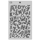 Alphabet stencil with various letter shapes on a gray background