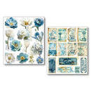 Two sheets of decorative paper with floral and vintage design elements on a white background.