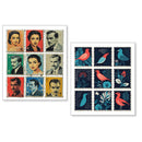 Two sets of stamps featuring portraits and nature designs on a white background.