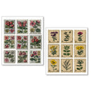 Two sets of vintage-style stamps with floral and butterfly designs on a white background.