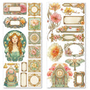 Decorative paper stickers with floral and vintage designs on a white background
