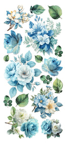 Collection of blue and white flowers with green leaves on a white background