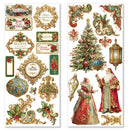 Collection of Christmas-themed decorative elements including Santa Claus, Mrs. Claus, a Christmas tree, and ornate designs on a white background.