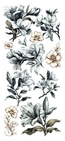Decorative floral design with various flowers and leaves on a white background