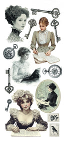 Vintage-style illustration of women from different eras with keys, pocket watches, and other period-appropriate items.