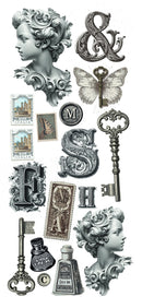Collection of vintage-style decorative elements including keys, letters, and architectural details.
