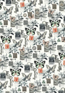 Pattern of butterflies, keys, and letters on a white background