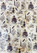 Patterned wallpaper with decorative elements and silhouettes on a beige background