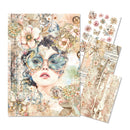 Decorative paper with steampunk-themed design featuring a woman's face, gears, and flowers.