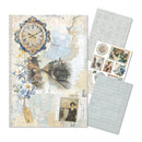 Scrapbooking paper with vintage design elements including a clock, train, and floral elements.