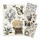Collection of vintage-themed stickers with butterflies, keys, typewriters, and decorative elements on a white background.