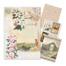 Vintage-style paper sheets with floral designs and scenic illustrations on a white background.