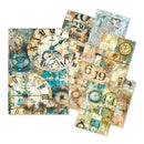 Collection of decorative paper sheets with vintage clock designs on a white background