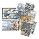 Collection of artistic postcards with various scenes and colors on a white background