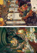 Two detailed illustrations of interior spaces with architectural elements and decorative details.