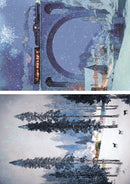 Two mosaic artworks: one with a building and snowflake design, the other with trees and reflective water.
