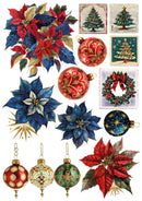 Collection of Christmas ornaments including poinsettias, balls, and wreaths on a white background.