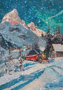 Train traveling through a snowy landscape with mountains and a cabin.
