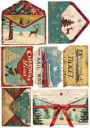 Collection of vintage-style Christmas cards and envelopes with winter scenes and festive elements.