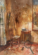 Vintage-style room with a typewriter, chair, and magnifying glass on a textured background.