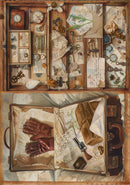 Artistic depiction of a suitcase filled with various items including gloves, maps, and letters.